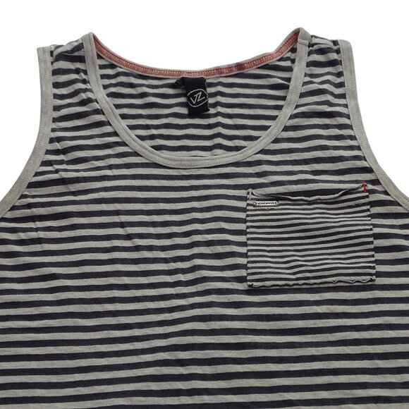 VonZipper Mens Gray Blue/Black Stripe Tank Top Size M Pocket Summer Cotton Blend - Picture 2 of 15